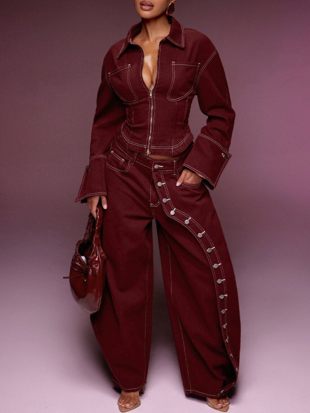 Burgundy Casual Women's Button Detail Wide Leg Barrel Jeans